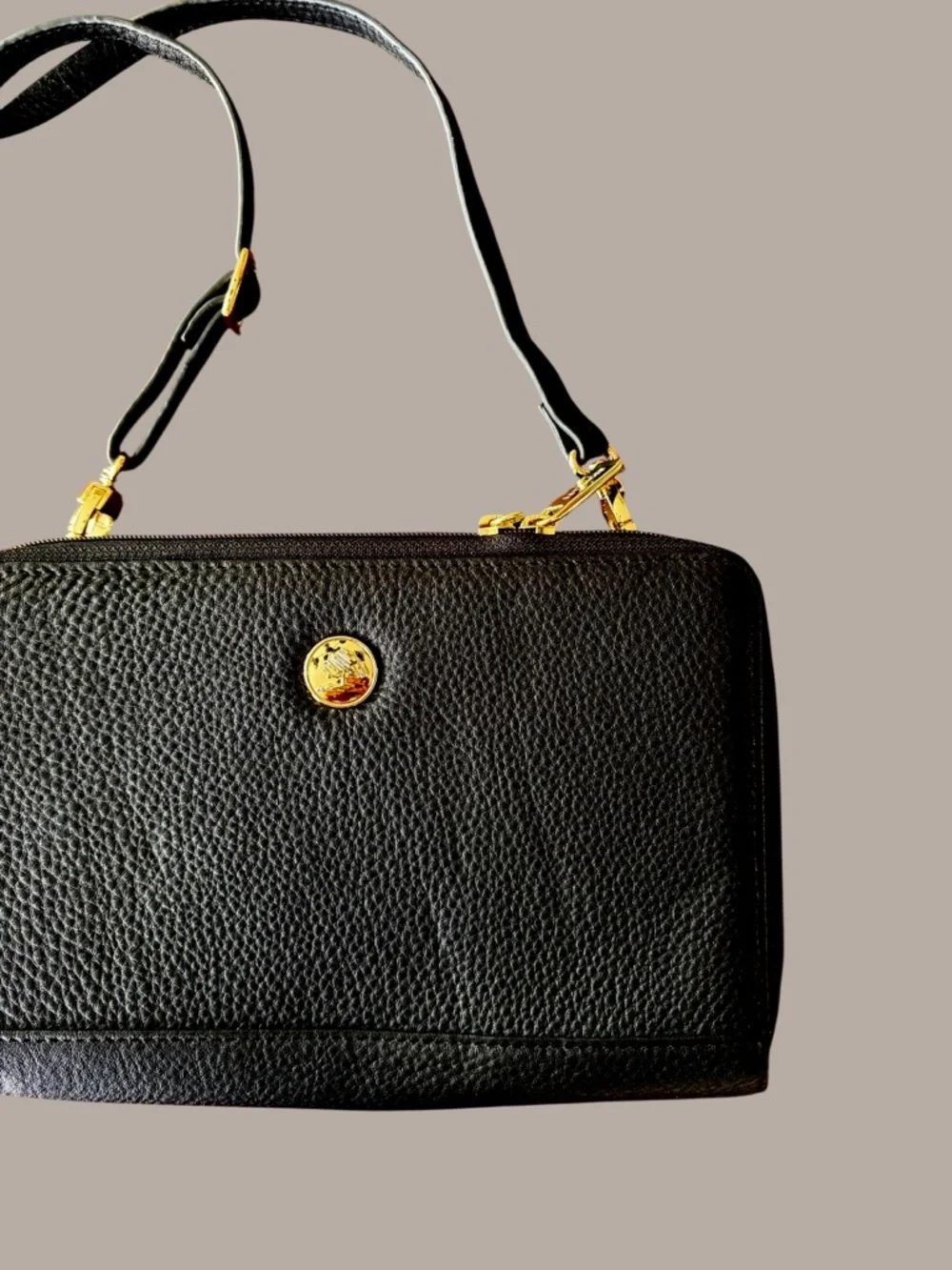 Levenger Black Pebbled Leather Crossbody with Gold Hardware